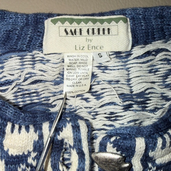 Sage Greek Liz Ence Blue/White Sweater sz S Celtic Paleolithic Arrowhead Buttons - Picture 7 of 16